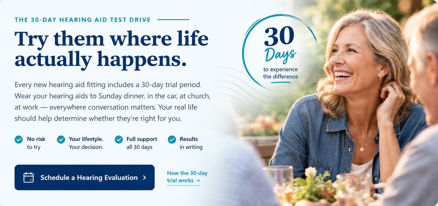 The 30-Day Hearing Aid Test Drive: Try them where life actually happens. Every new hearing aid fitting includes a 30-day trial period, no risk to try, your lifestyle your decision, full support all 30 days, results in writing. Schedule a hearing evaluation.