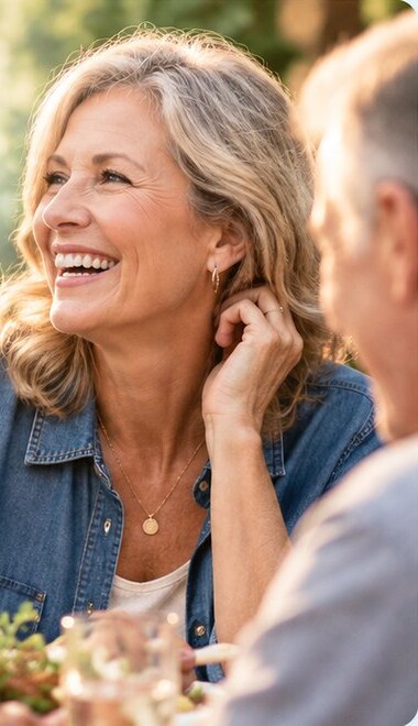 A woman laughing with family at an outdoor dinner table